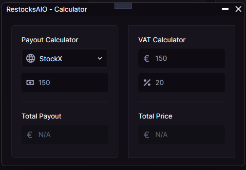 Payout Calculator set to StockX beside a VAT Calculator, both showing N/A totals