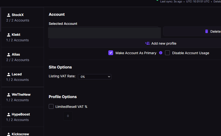 Account settings with a Listing VAT Rate dropdown set to 0% and a LimitedResell VAT % field