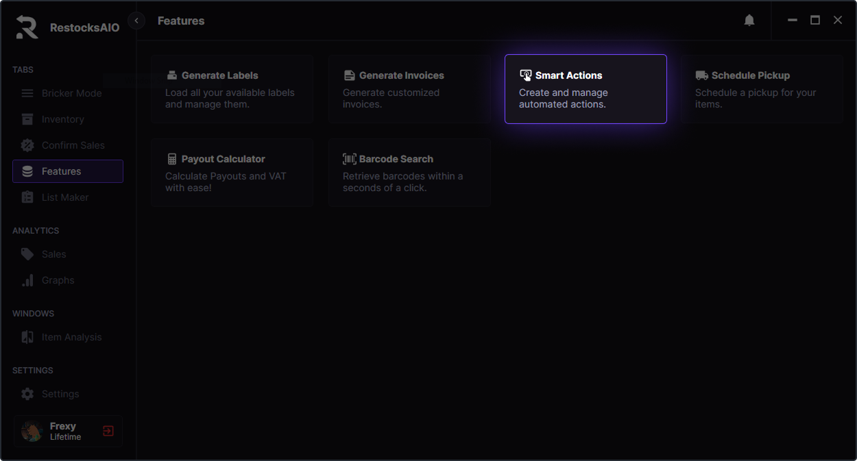 Features tab open in the sidebar with the Smart Actions card highlighted by a purple glow