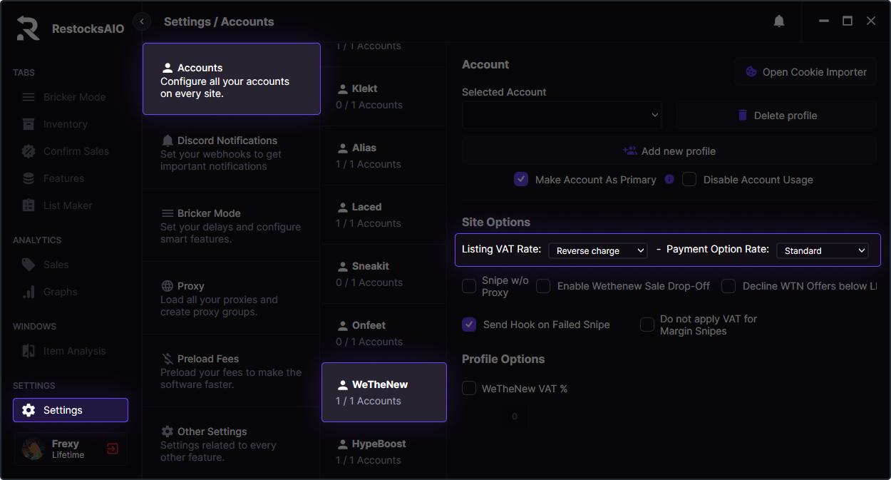 WeTheNew account Site Options with the Listing VAT Rate and Payment Option Rate dropdowns outlined in red