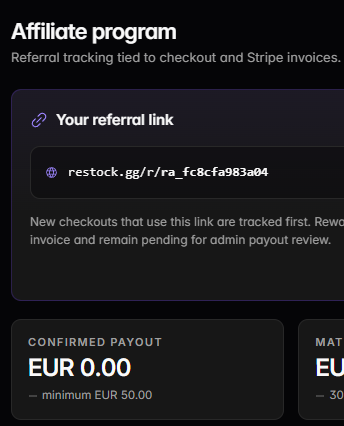 The affiliate dashboard showing the referral link and payout balance