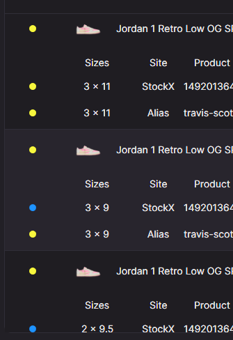 Three Jordan 1 Retro Low controllers, each expanded into paired StockX and Alias rows by size