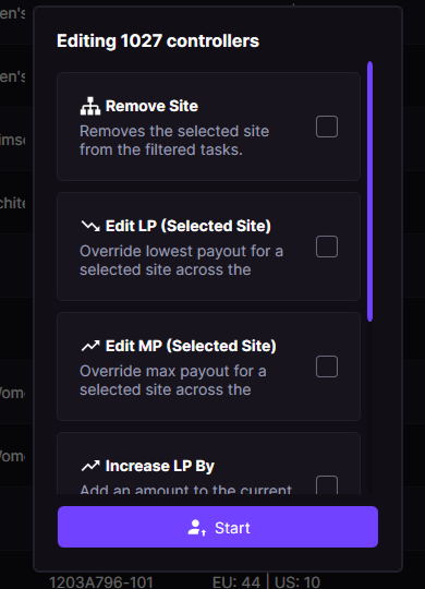 Editing 1027 controllers panel offering Remove Site, Edit LP, Edit MP and Increase LP By, with Start