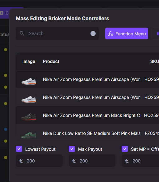 Mass Editing Bricker Mode Controllers window with a search box, Function Menu button, and Lowest Payout fields