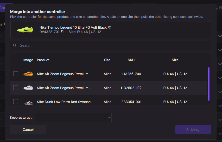 Merge into another controller dialog with searchable Alias candidates and a Keep as target dropdown