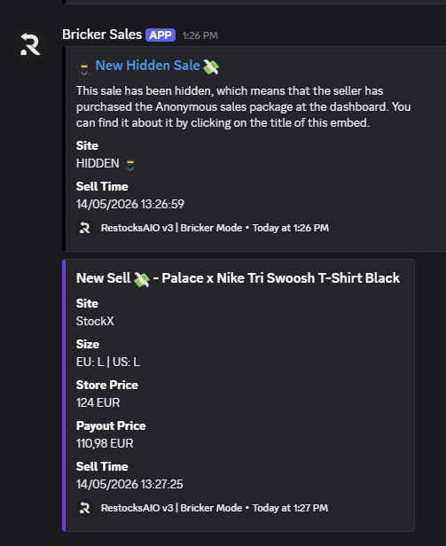 Two Bricker Sales alerts: New Hidden Sale with site HIDDEN, and a normal StockX sale showing prices