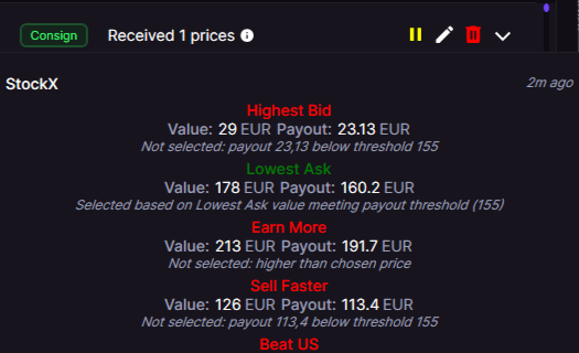 Hover tooltip on a Consign row, Lowest Ask in green as selected while Highest Bid and Earn More show red