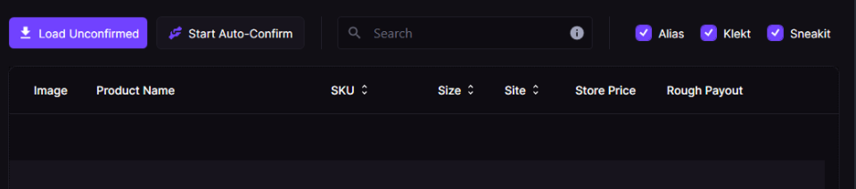 Empty confirmation grid with Load Unconfirmed and Start Auto-Confirm buttons plus Alias, Klekt and Sneakit toggles