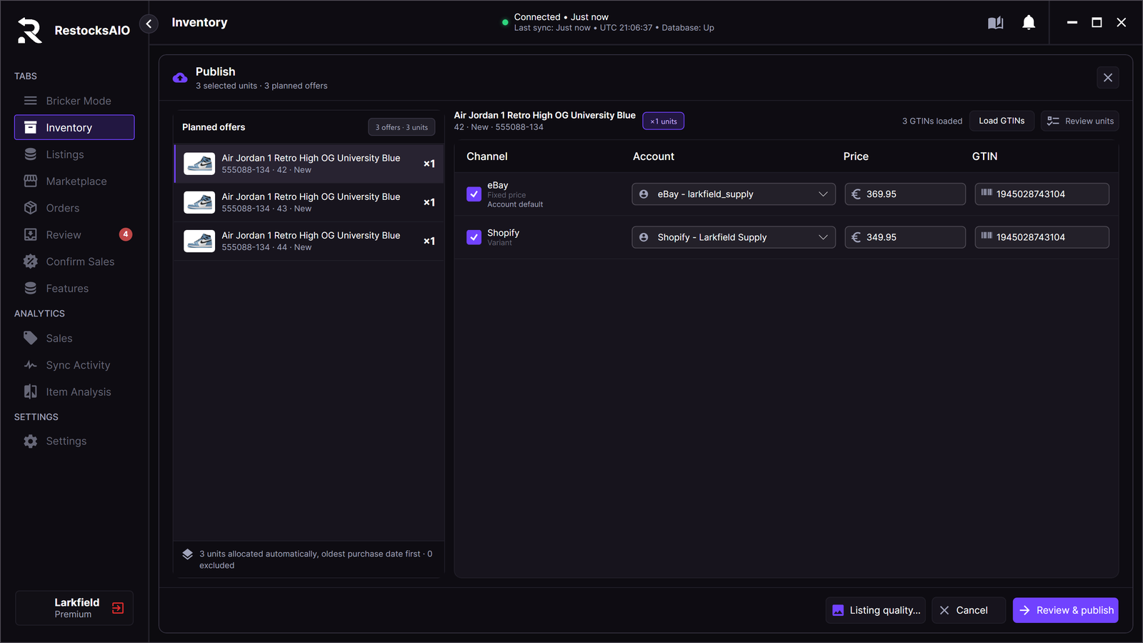 Publish window with planned offers and eBay/Shopify channels