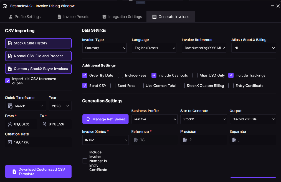 Generate Invoices tab with CSV Importing buttons, Data Settings dropdowns, and Generation Settings fields