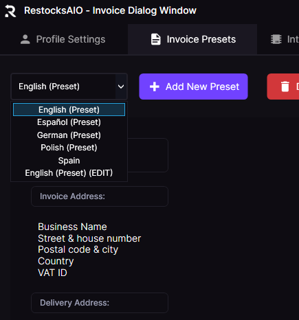Invoice Presets tab with an open dropdown listing English, Español, German, Polish, and Spain presets