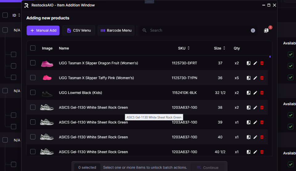 Item Addition window with Manual Add, CSV Menu and Barcode Menu buttons above queued product rows