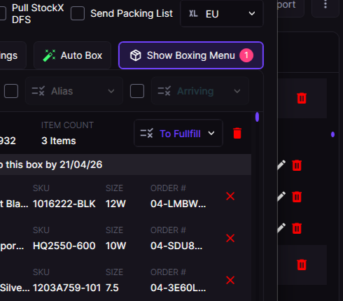 Open box panel with a To Fulfill status dropdown, ship-by date, and per-item remove icons
