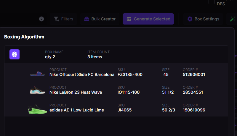 Suggested box named qty 2 holding three sneakers with thumbnails, listed under the toolbar