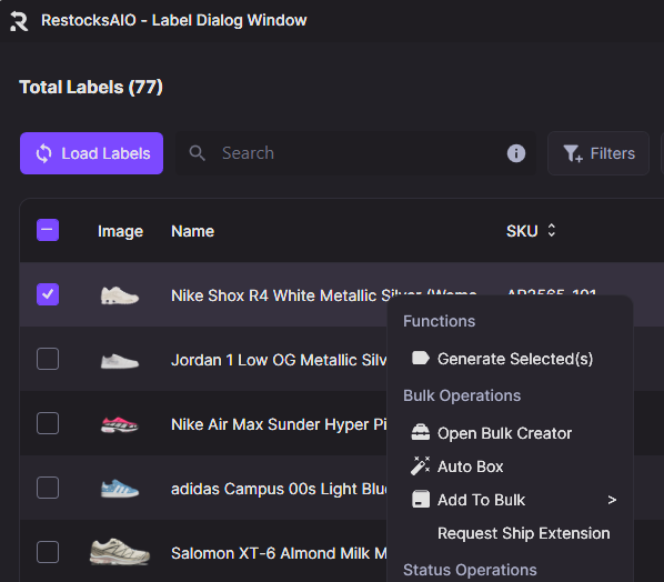 Right-click menu on a ticked label row showing Request Ship Extension beneath Add To Bulk