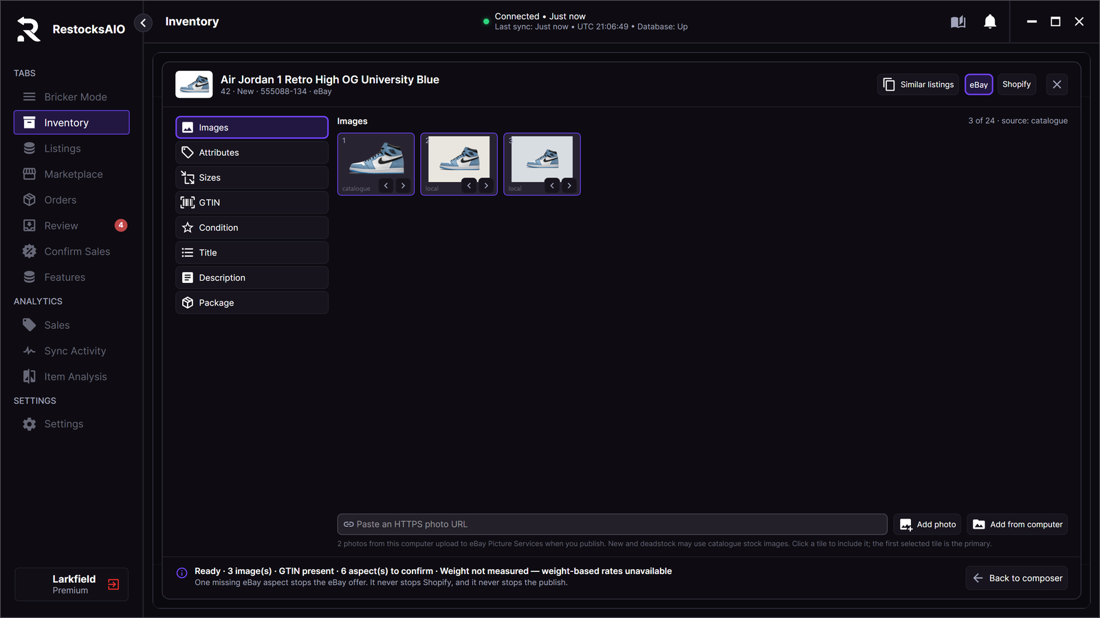 Listing quality, Images tab, with the catalogue image and two photos added from this computer