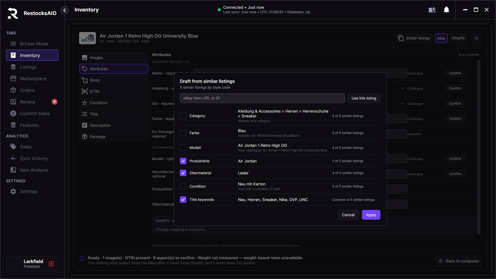 Draft from similar listings with category, item specifics, condition and title keywords from 5 similar eBay listings
