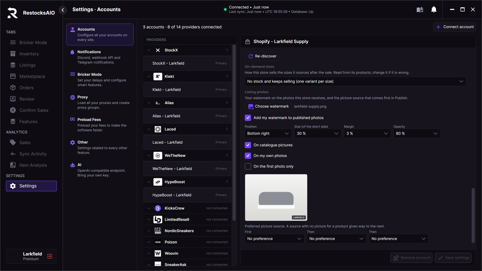 Settings, Accounts, a Shopify store, Listing photos: Choose watermark with a file chosen, Add my watermark to published photos ticked, Position, Size, Margin, Opacity, three check boxes, the preview and the preferred picture source