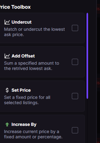 Price Toolbox panel listing Undercut, Add Offset, Set Price and Increase By actions with checkboxes