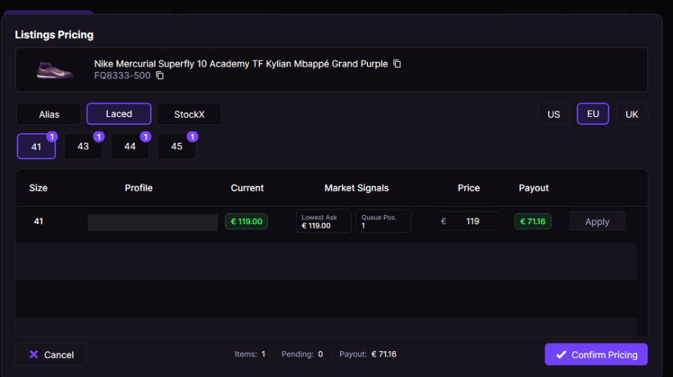 Listings Pricing dialog with site and size tabs and Lowest Ask, Queue Position, Price, Payout columns