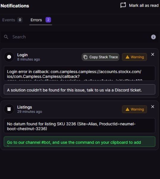 Errors tab holding two warning entries with Copy Stack Trace buttons and suggested solution text