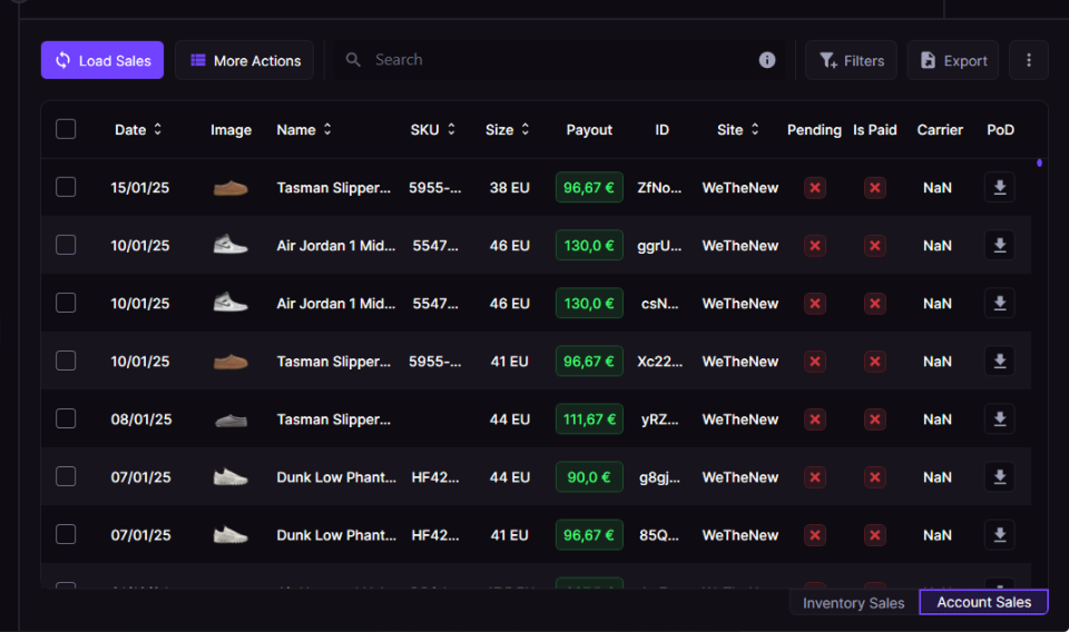 Account Sales grid with a Load Sales button and Date, Payout, Site, Carrier and PoD columns