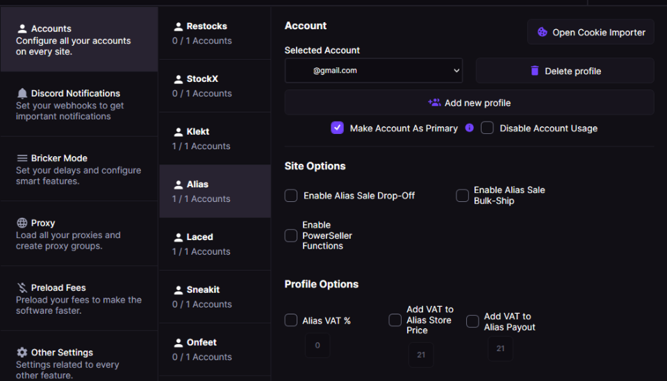 Accounts panel showing per-site profile counts, Selected Account dropdown, Site Options and Profile Options checkboxes