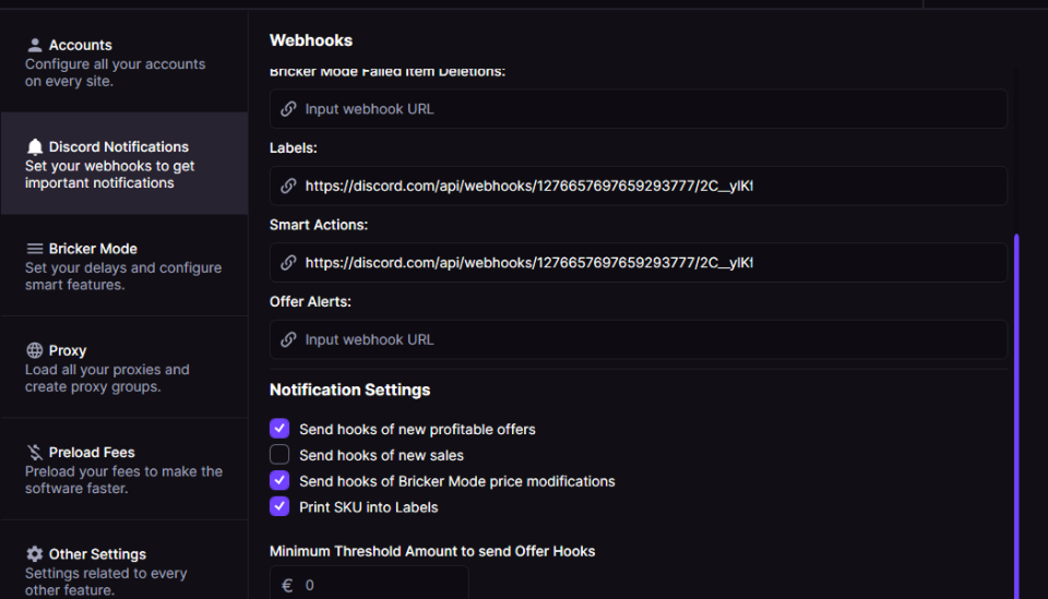 Webhooks fields for Labels, Smart Actions and Offer Alerts above Notification Settings checkboxes and threshold amount