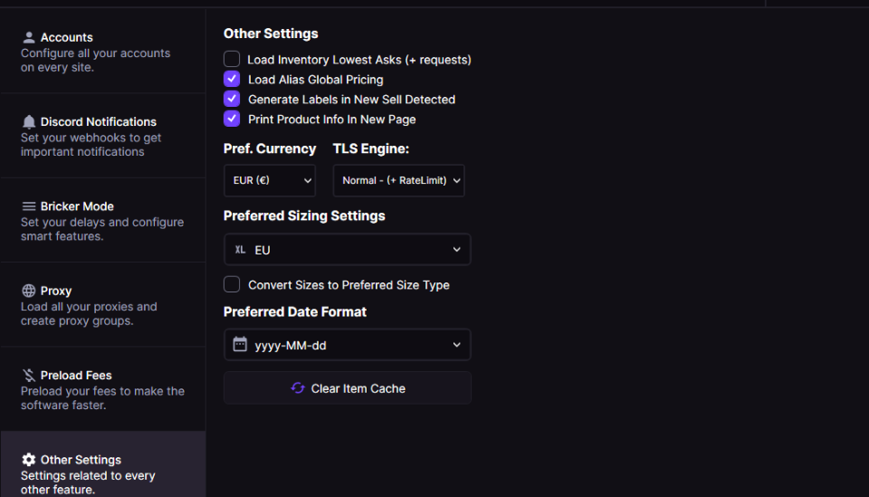 Other Settings with inventory checkboxes, Pref. Currency, TLS Engine, sizing, date format, Clear Item Cache