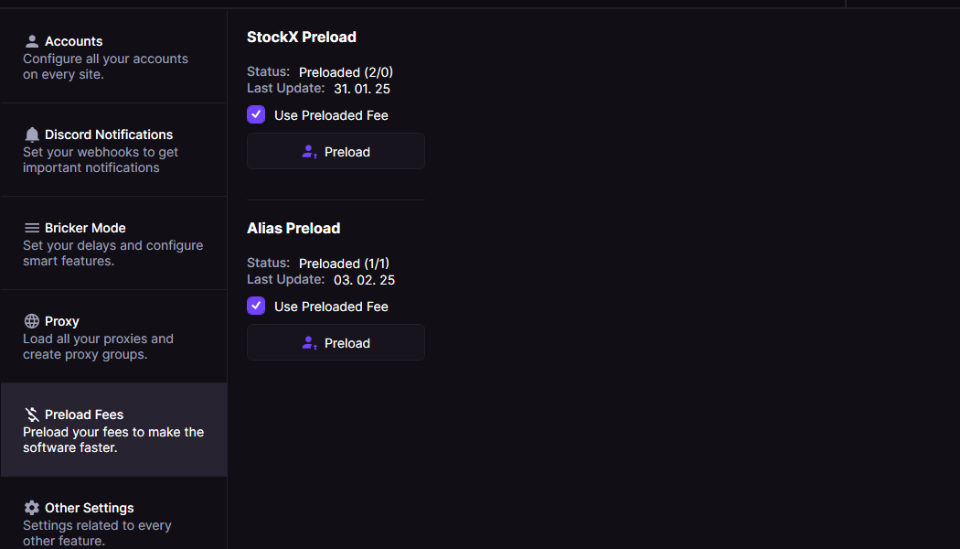 StockX and Alias Preload sections showing Preloaded status, last update dates, and Use Preloaded Fee checkboxes