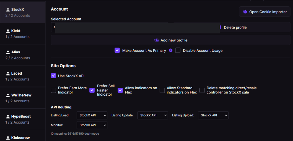 StockX tab with Use StockX API checked and API Routing dropdowns for Listing Load, Update, Upload
