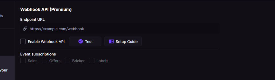 Webhook API (Premium) with Endpoint URL placeholder, unchecked Enable toggle, and greyed event subscription boxes