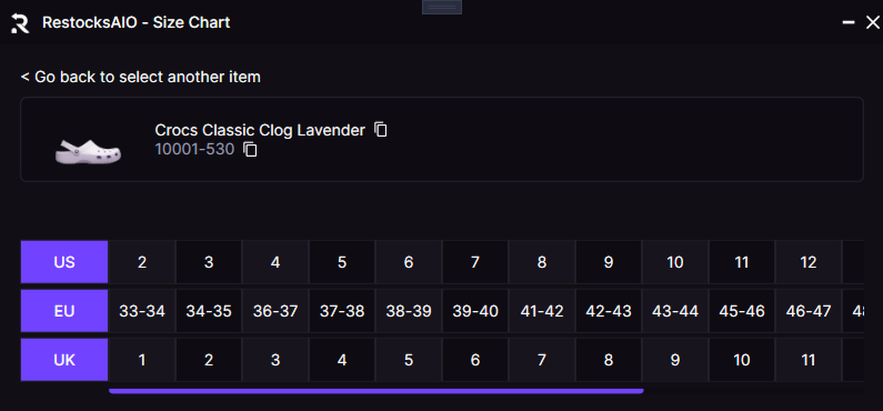 Crocs Classic Clog Lavender selected above three aligned rows of US, EU, and UK size cells