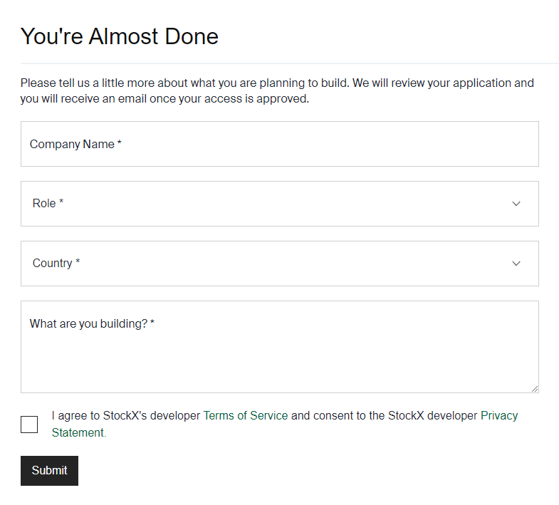 StockX 'You're Almost Done' application form with Company Name, Role, Country and building fields
