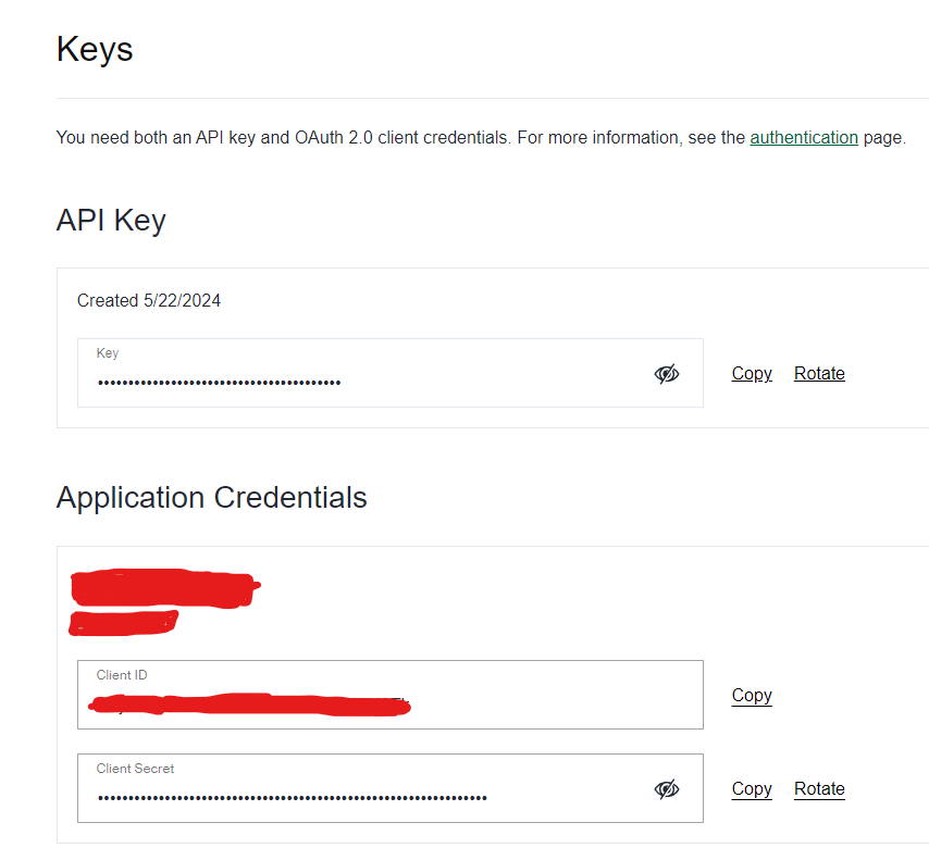 Developer portal Keys page listing a masked API Key plus Client ID and Client Secret credentials