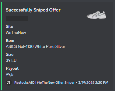Discord embed titled Successfully Sniped Offer listing WeTheNew site, ASICS Gel-1130, size 39 EU, payout 99,5